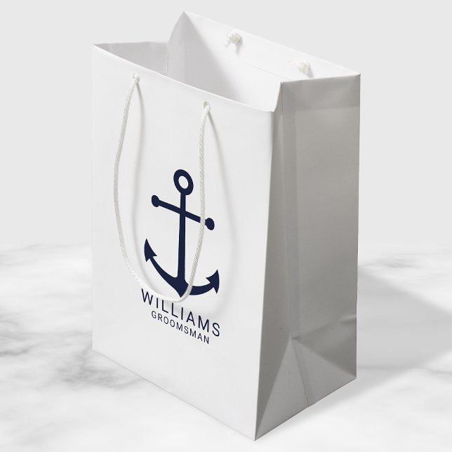 Nautical Navy Blue Anchor Personalized Groomsmen Medium Gift Bag (Creator Uploaded)