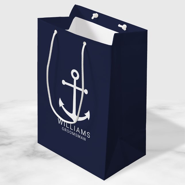 Nautical Navy Blue Anchor Personalized Groomsmen Medium Gift Bag (Creator Uploaded)