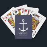Nautical Navy Blue Anchor Personalized Groomsmen Playing Cards<br><div class="desc">Nautical Personalized Groomsmen Gift
This design features white anchor and personalized groomsman's name with title in white classic serif font style on navy blue background.

Also perfect for best man,  father of the bride and more.</div>