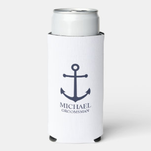Nautical Navy Blue Anchor Personalized Groomsmen Seltzer Can Cooler