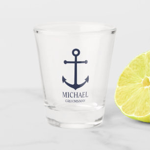 Nautical Navy Blue Anchor Personalized Groomsmen Shot Glass