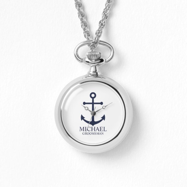 Nautical Navy Blue Anchor Personalized Groomsmen Watch (Front)