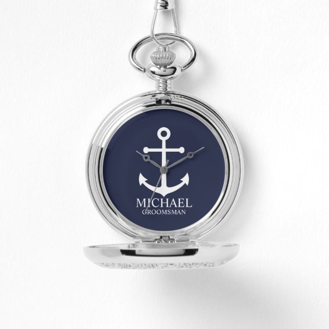 Nautical Navy Blue Anchor Personalized Groomsmen Watch (Front)