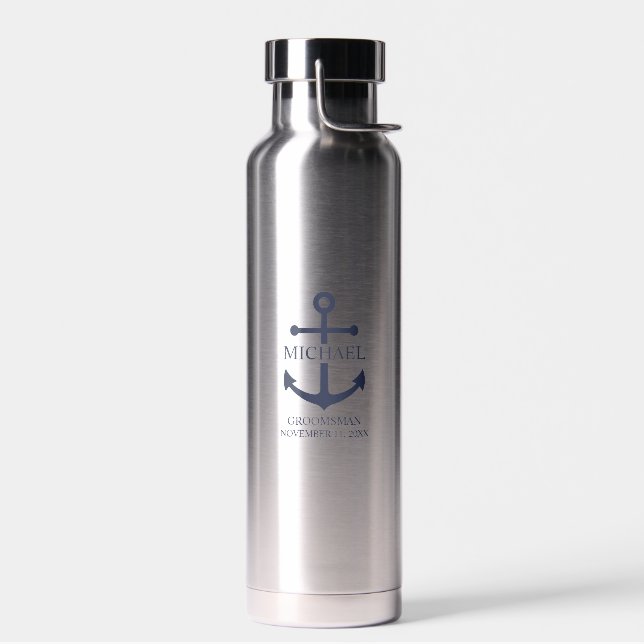 Nautical Navy Blue Anchor Personalized Groomsmen Water Bottle (Left)
