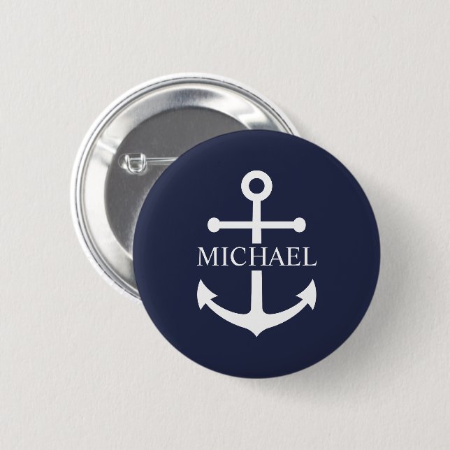Nautical Navy Blue Anchor Personalized Name 2 Inch Round Button (Front & Back)