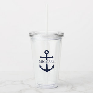 Nautical Navy Blue Anchor Personalized Name Acrylic Tumbler