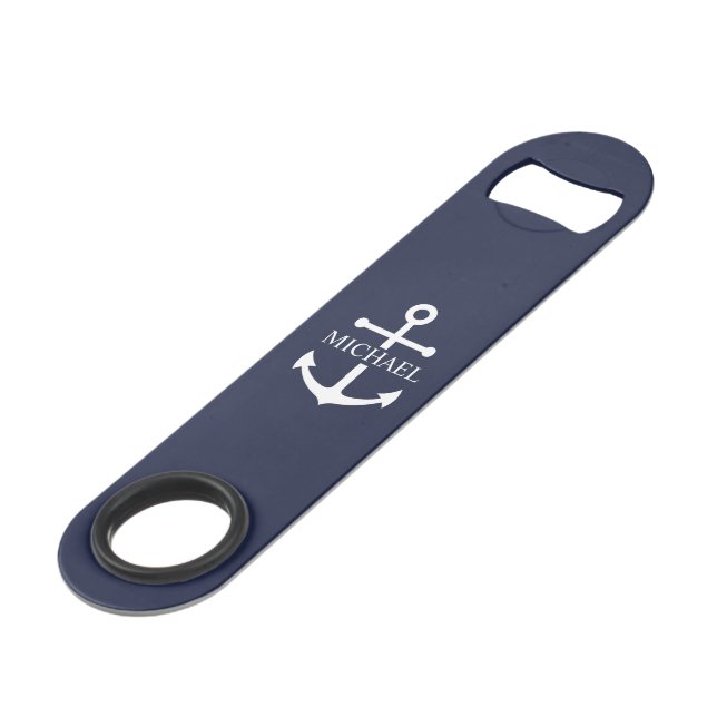 Nautical Navy Blue Anchor Personalized Name Bar Key (Front Angled)