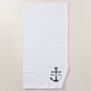 Nautical Navy Blue Anchor Personalized Name Beach Towel