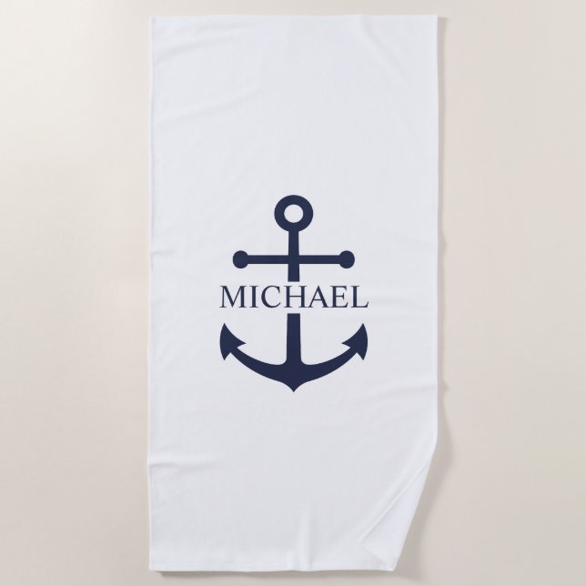 Nautical Navy Blue Anchor Personalized Name Beach Towel (Front)
