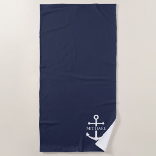 Nautical Navy Blue Anchor Personalized Name Beach Towel