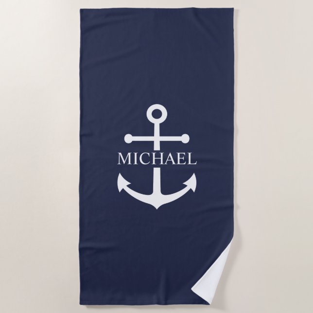 Nautical Navy Blue Anchor Personalized Name Beach Towel (Front)
