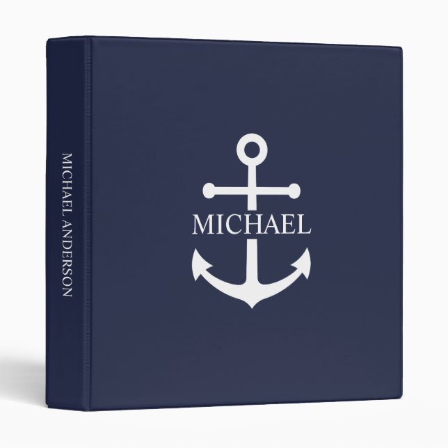 Nautical Navy Blue Anchor Personalized Name Binder (Front/Spine)