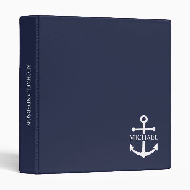 Nautical Navy Blue Anchor Personalized Name Binder (Front/Spine)