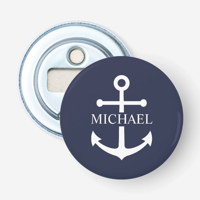 Nautical Navy Blue Anchor Personalized Name Bottle Opener (Front)