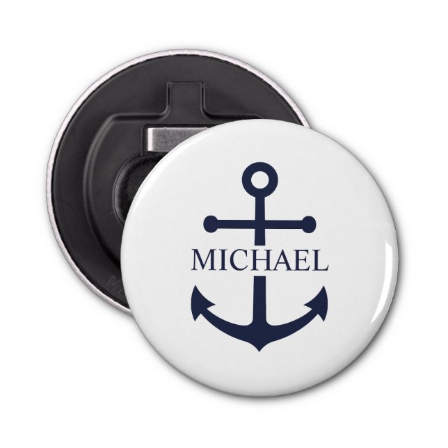Nautical Navy Blue Anchor Personalized Name Bottle Opener (Front)
