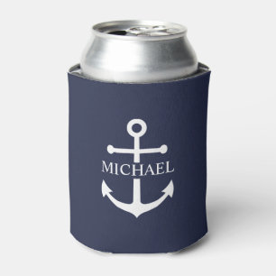 Nautical Navy Blue Anchor Personalized Name Can Cooler