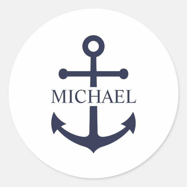 Nautical Navy Blue Anchor Personalized Name Classic Round Sticker (Front)