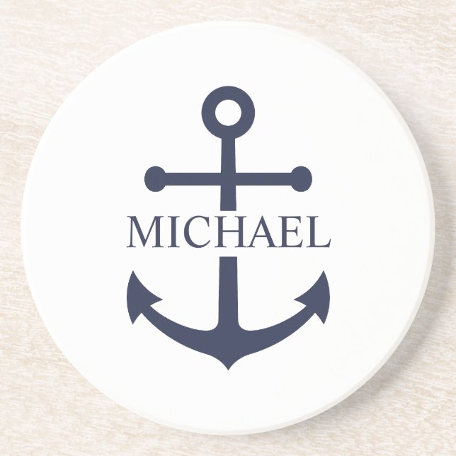 Nautical Navy Blue Anchor Personalized Name Coaster (Front)