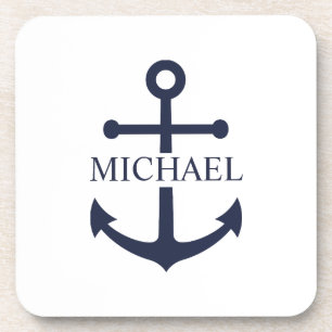 Nautical Navy Blue Anchor Personalized Name Coaster