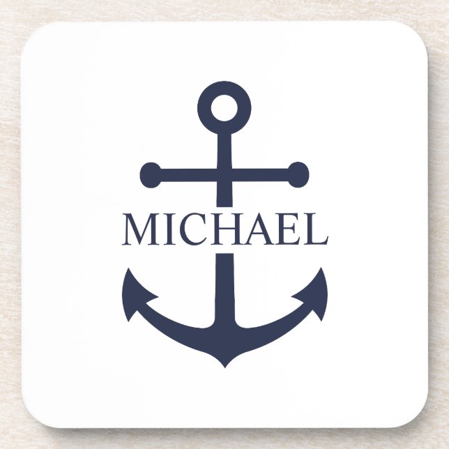 Nautical Navy Blue Anchor Personalized Name Coaster (Front)