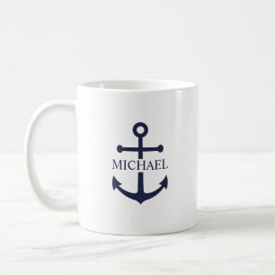 Nautical Navy Blue Anchor Personalized Name Coffee Mug