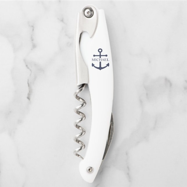 Nautical Navy Blue Anchor Personalized Name Corkscrew (Front)