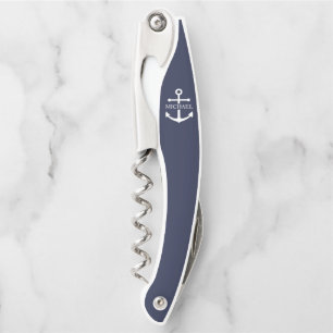 Nautical Navy Blue Anchor Personalized Name Corkscrew