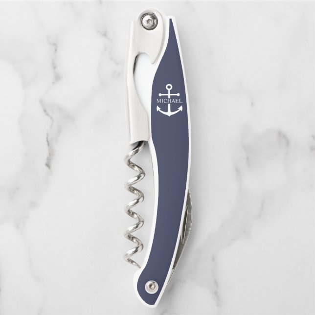 Nautical Navy Blue Anchor Personalized Name Corkscrew (Front)