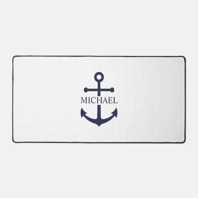 Nautical Navy Blue Anchor Personalized Name Desk Mat (Front)