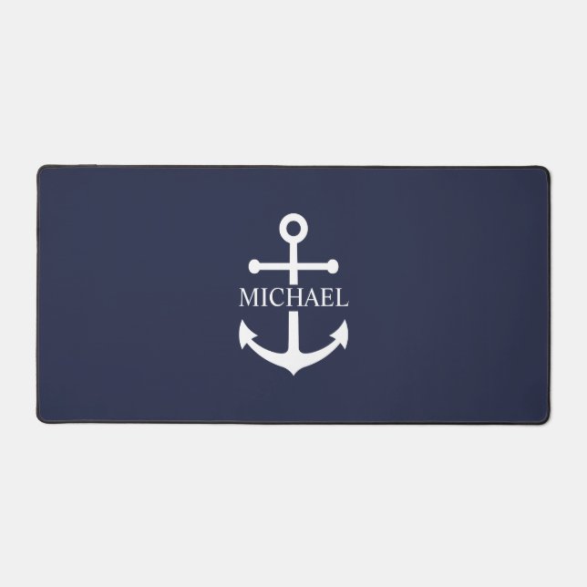 Nautical Navy Blue Anchor Personalized Name Desk Mat (Front)