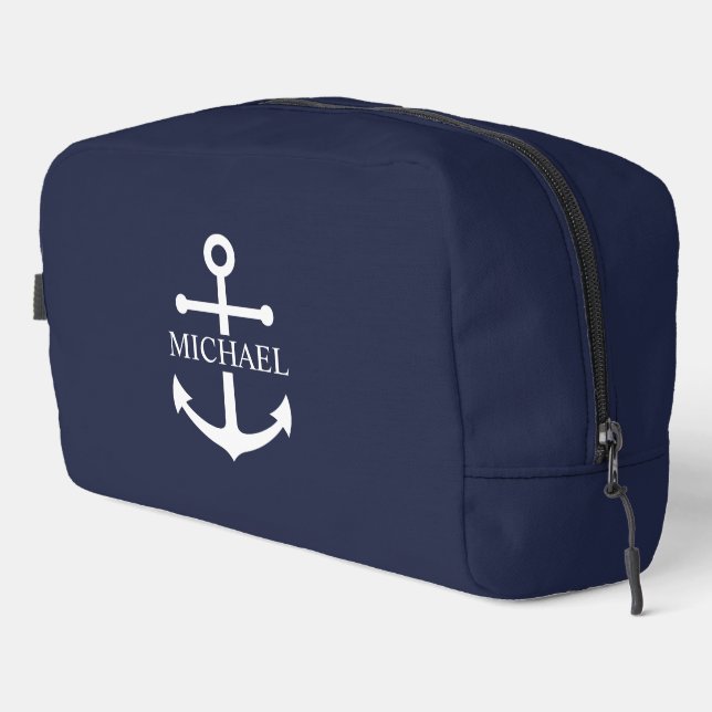 Nautical Navy Blue Anchor Personalized Name Dopp Kit (Right Corner)