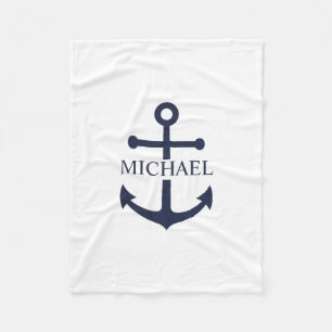 Nautical Navy Blue Anchor Personalized Name Fleece Blanket