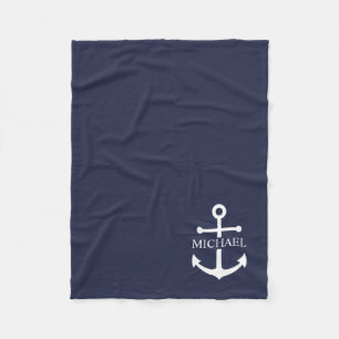 Nautical Navy Blue Anchor Personalized Name Fleece Blanket