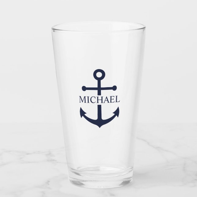 Nautical Navy Blue Anchor Personalized Name Glass (Front)