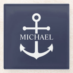 Nautical Navy Blue Anchor Personalized Name Glass Coaster