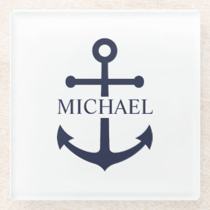 Nautical Navy Blue Anchor Personalized Name Glass Coaster