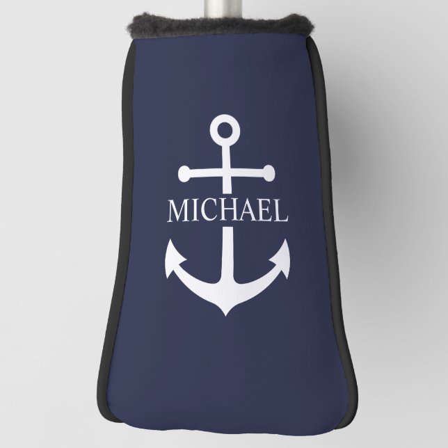 Nautical Navy Blue Anchor Personalized Name Golf Head Cover (Rotate 90)
