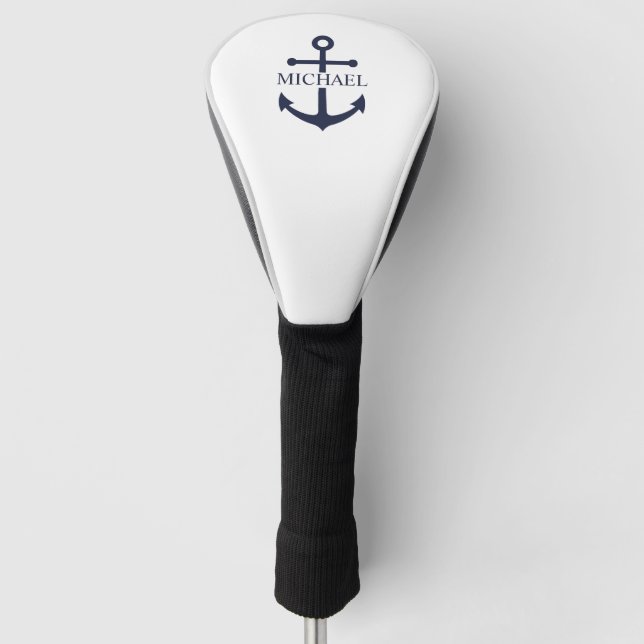Nautical Navy Blue Anchor Personalized Name Golf Head Cover (Front)