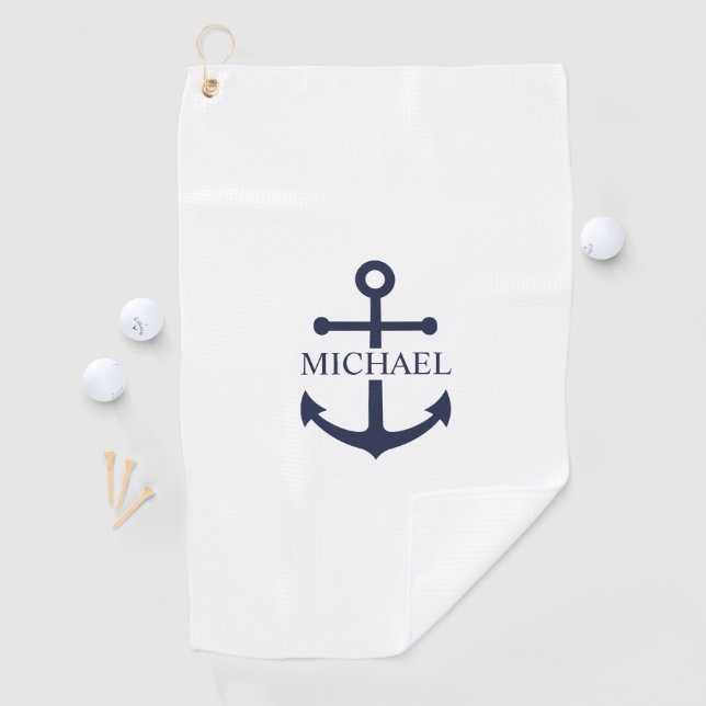 Nautical Navy Blue Anchor Personalized Name Golf Towel (InSitu)