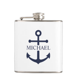Nautical Navy Blue Anchor Personalized Name Hip Flask