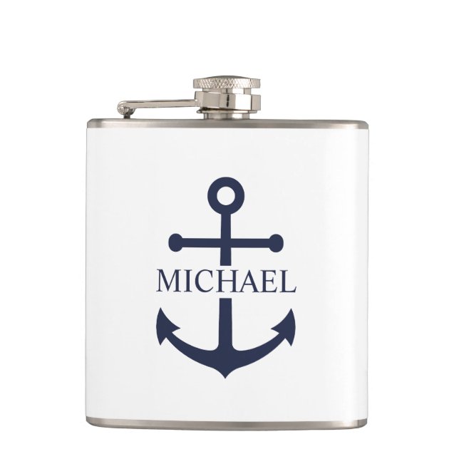 Nautical Navy Blue Anchor Personalized Name Hip Flask (Front)