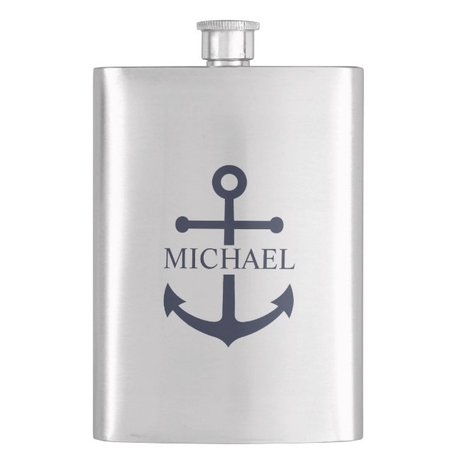 Nautical Navy Blue Anchor Personalized Name Hip Flask (Front)