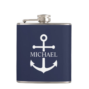 Nautical Navy Blue Anchor Personalized Name Hip Flask