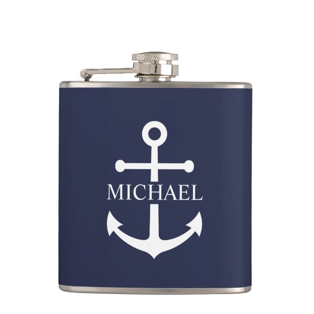 Nautical Navy Blue Anchor Personalized Name Hip Flask (Front)