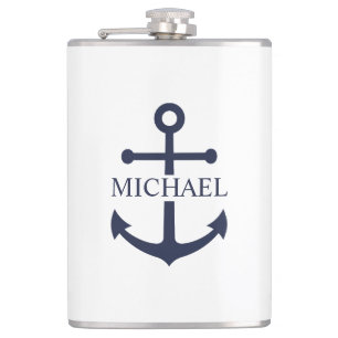 Nautical Navy Blue Anchor Personalized Name Hip Flask
