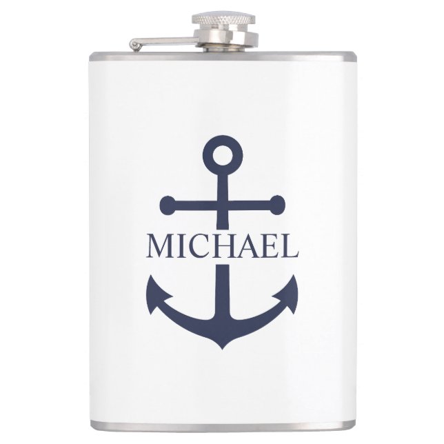 Nautical Navy Blue Anchor Personalized Name Hip Flask (Front)