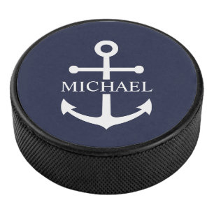 Nautical Navy Blue Anchor Personalized Name Hockey Puck
