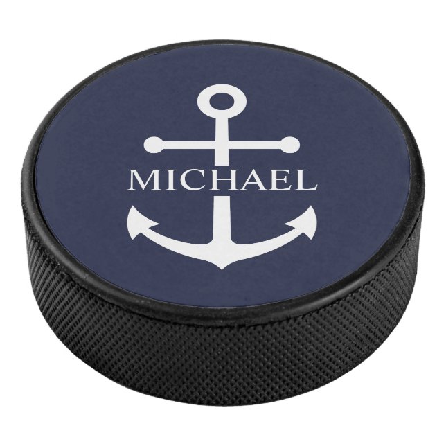Nautical Navy Blue Anchor Personalized Name Hockey Puck (3/4)
