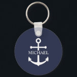 Nautical Navy Blue Anchor Personalized Name Keychain<br><div class="desc">This personalized gift features a white anchor design with custom name in a classic white serif font on navy blue background.

A thoughtful nautical gift idea for beach house décor,  Father’s Day gift for dad,  thank you gift for groomsmen,  or a unique present for any special occasion.</div>