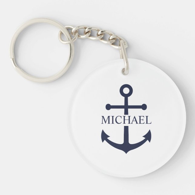 Nautical Navy Blue Anchor Personalized Name Keychain (Front)